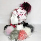 Tuque oreilles-cordon fleurs roses et grises, *pompons vendus séparément*