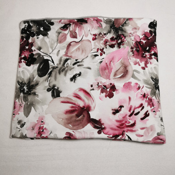 Cache-cou doublé en polar fleurs roses et grises