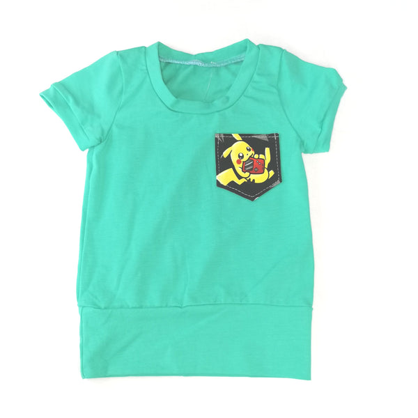 T-shirt évolutif turquoise/vert à poche petits monstres
