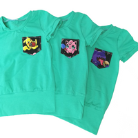 T-shirt évolutif turquoise/vert à poche petits monstres