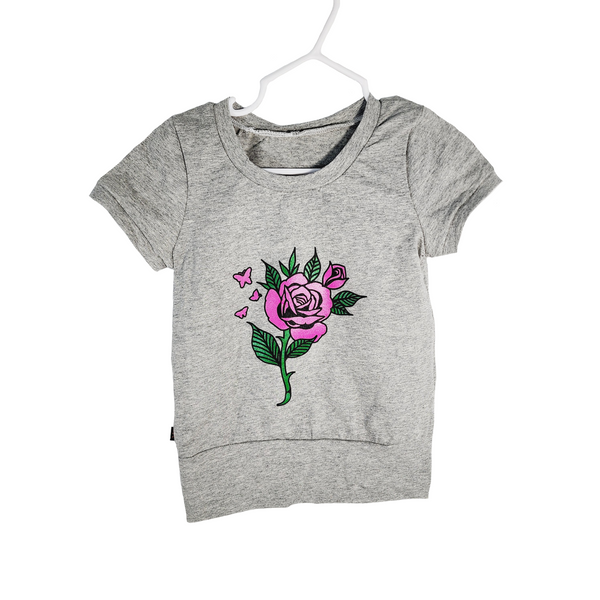 t-shirt gris rose et papillon 6-9 ans